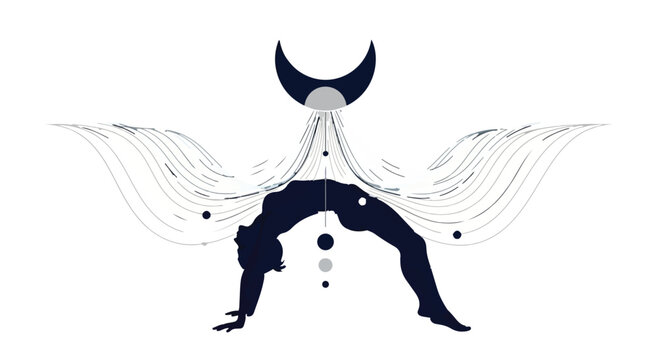 Yoga practitioner performs a backbend beneath a celestial moon and star motif.