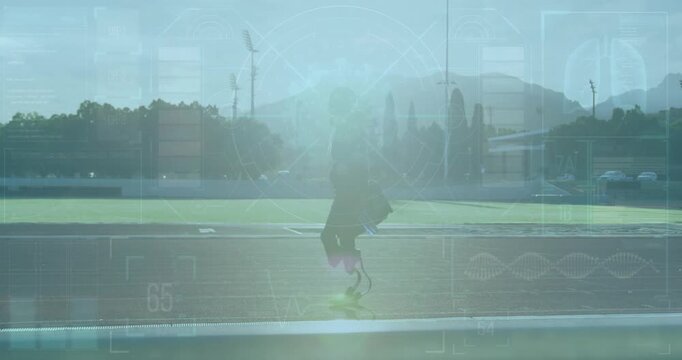 Animation of data processing over disabled african american male runner