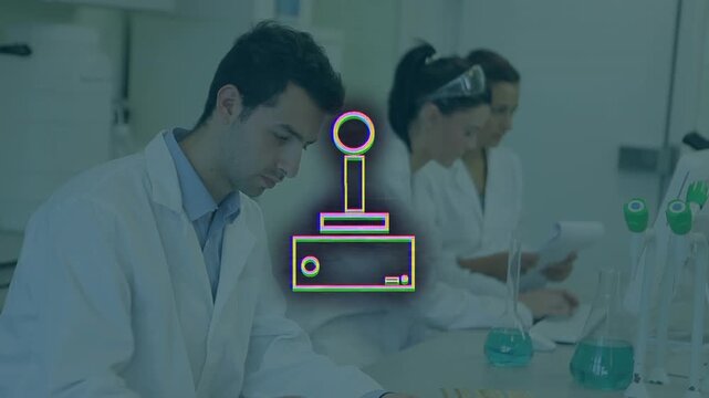 Animation of gamepad over diverse scientists in lab