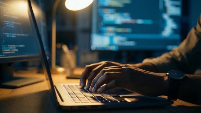 Programmer Typing on Laptop Keyboard with Source Code Displayed on Multiple Computer Screens in Dark Room Workspace