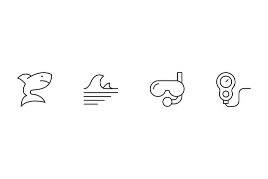 Marine life and diving equipment line icon vector illustration featuring a shark wave diving mask and pressure depth gauge tool.