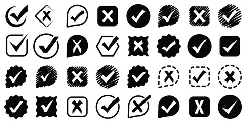 Check mark icon button set. Check box icon with right and wrong buttons and yes or no checkmark icons in green tick box and red cross. Green checkmark and red x sign. Symbols of approval and Decline. © Hike Studio 444
