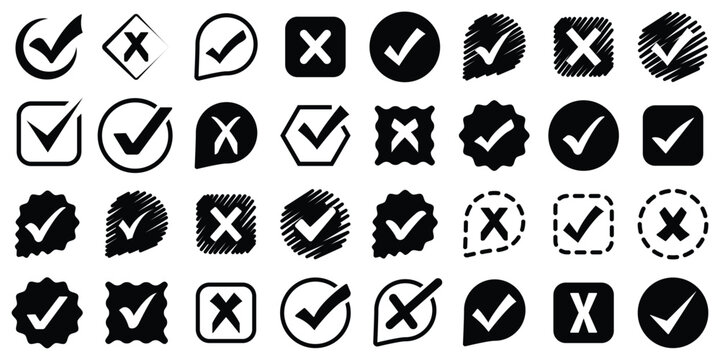Check mark icon button set. Check box icon with right and wrong buttons and yes or no checkmark icons in green tick box and red cross. Green checkmark and red x sign. Symbols of approval and Decline.