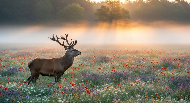 Deer standing in field at sunrise