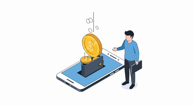 Digital Mobile Wallet Concept: Isometric Vector Illustration of Man with Smartphone and Gold Coins for FinTech, Online Payments, and Personal Finance