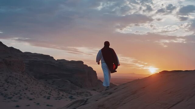 Rear view of a man in traditional middle eastern clothing walking down a sandy hill in a rocky desert landscape during a beautiful and dramatic sunset with a cloudy sky in the background