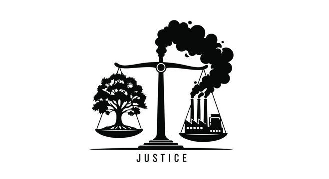 Scales of justice balance a living tree against a smoking industrial factory.