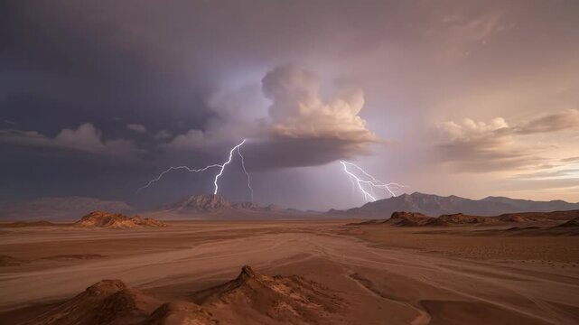 Dramatic Lightning Storm Over Open Desert Landscape During Thunderstorm.