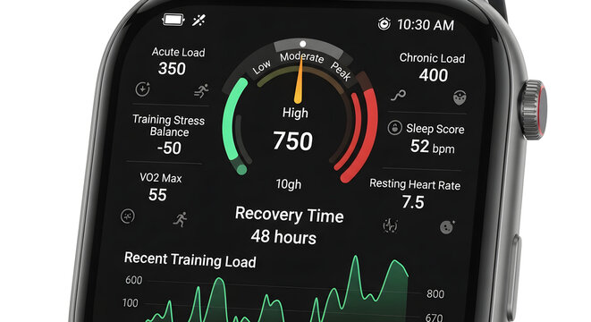 Smartwatch screen showing fitness metrics recovery time and training load graph