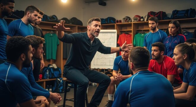 A soccer coach leading a team meeting in a locker room.