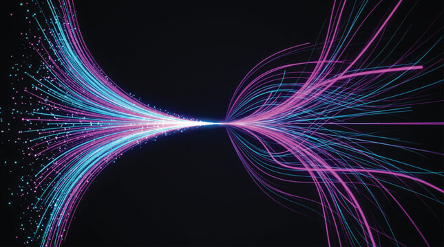 Abstract digital data stream with vibrant blue and purple glowing lines converging into central point representing high speed information transfer and networking technology.