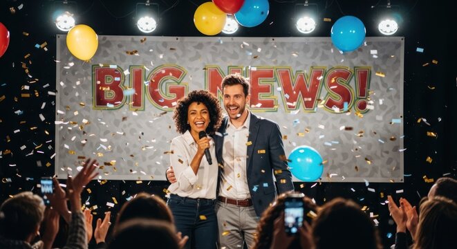 A man and a woman standing on a stage with a large sign that says 'BIG NEWS!' in the background.