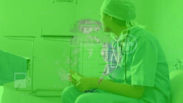 Worried surgeon contemplates job security amid economic concerns, beside a digital globe.