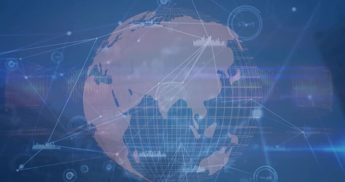 Animation of globe with connected dots, graphs icons against abstract background