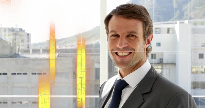 Animation of abstract pattern and changing numbers, smiling caucasian man standing against buildings