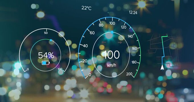 Animation of electric car speedometer data processing over city
