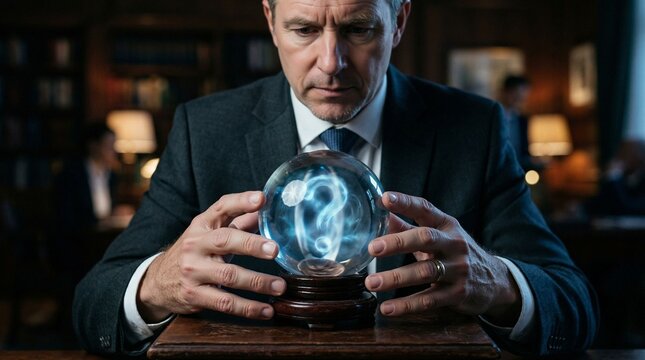 A Businessman Gazes Intently Into a Crystal Ball Revealing a Glowing Question Mark Within