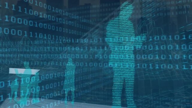 Animation of binary codes and digital people over modern buildings