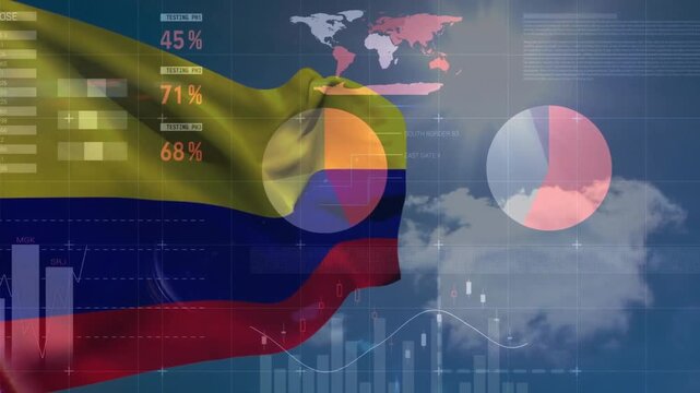 Animation of statistics and financial data processing over flag of colombia