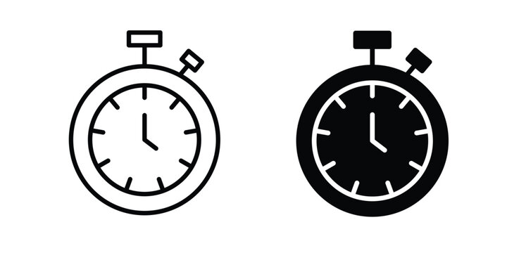 Stop watch icon. Flat and outline icons. Black icons