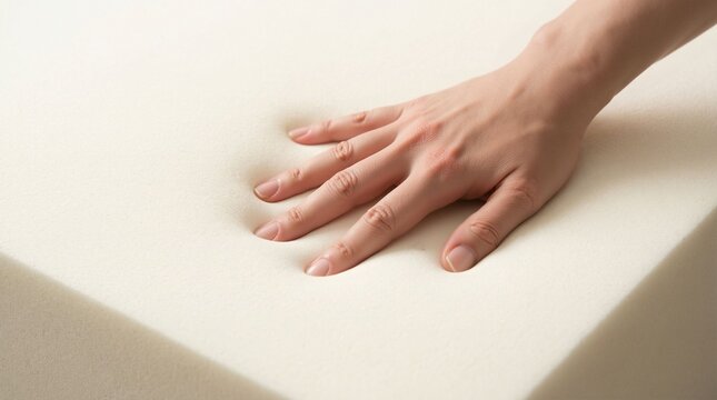 Gentle human hand pressing into plush memory foam material for comfort and support