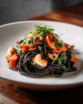 A plate of black squid ink pasta with seafood, dramatic dark pasta against white plate