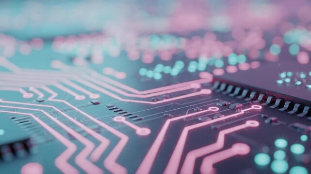 Circuit board closeup with glowing details.