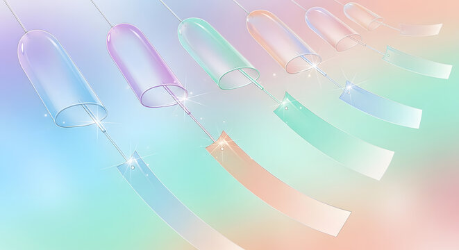 Japanese Glass Wind Chimes, A row of translucent glass wind chimes (furin) with paper strips, sparkling against a soft rainbow pastel gradient background.