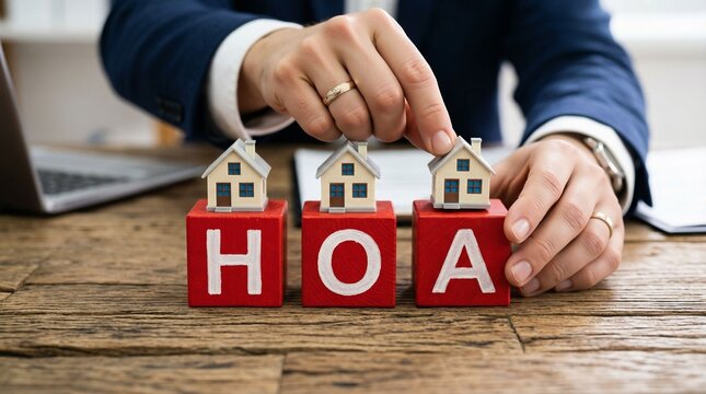 Homeowners association concept represented by miniature houses on alphabet blocks