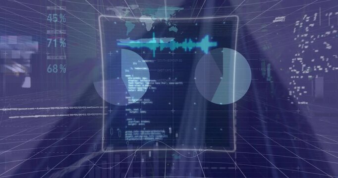 Animation of financial data processing over modern office building