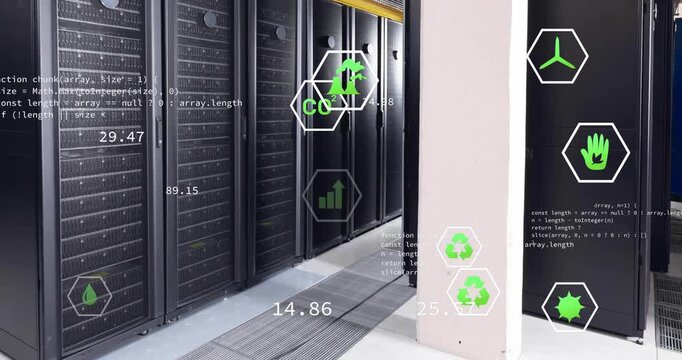 Animation of eco icons and digital data processing over computer servers