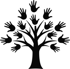 Obraz premium Handprint tree silhouette icon with unity growth community nature artwork, black vector template setHandprint tree silhouette icon with unity growth community nature artwork, black vector template set