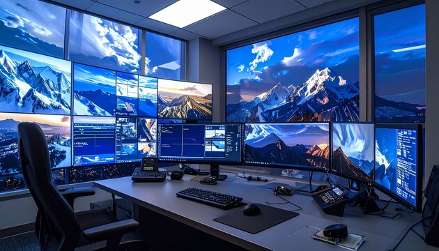 Advanced control room with multiple monitors displaying mountain landscapes.