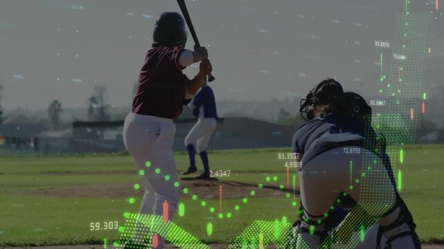 Pitcher delivering pitch on field, batter swinging, overlays tracking spin forming analytics arrow
