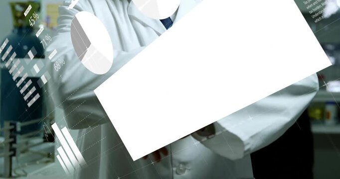 Senior scientist raising hand entering frame initiating swiping virtual charts, data graphs in lab