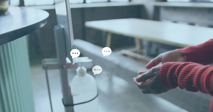 Woman pressing dispenser lever causing animated gel drops falling into palm and rubbing for health