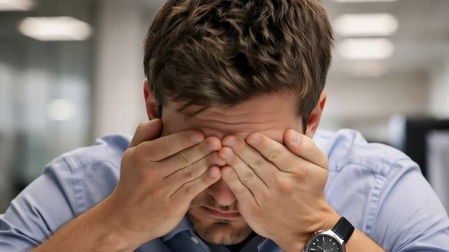 Exhausted young professional feeling eye strain and fatigue while working late in the office, massaging his face due to stress, burnout, and overwork, looking tired and overwhelmed
