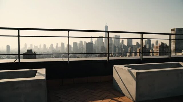 Empty rooftop terrace with herringbone tiled floor and concrete planters overlooking the New York City skyline featuring One World Trade Center under a hazy sky.