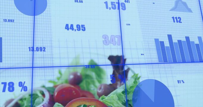 On play tiled display wall panning down, blue analytics updating, salad revealing to show metrics