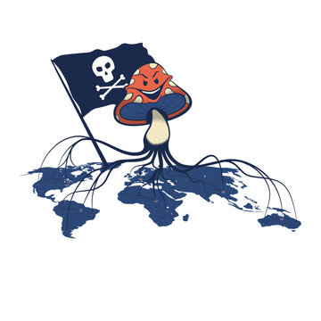 Retro Cartoon Hacker Mushroom with Skull Flag on World Map &mdash; Cyber Threat Network Vector