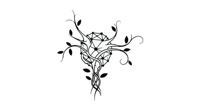 Tree branches intertwining with a geometric sphere symbolize nature and technology.