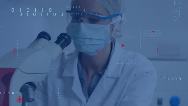 Scientist placing tube at microscope, examining sample while data overlays appearing for analysis