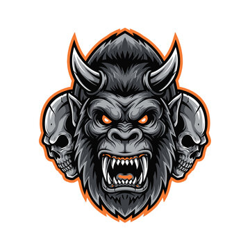 Fierce Gorilla Head with Horns and Skulls Illustration.