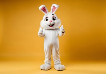 Obraz premium Full body easter bunny mascot costume character standing on yellow background giving thumbs up cheerful pose for easter celebration and children events