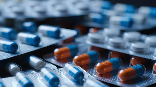 Capsules and pills in blister packs.