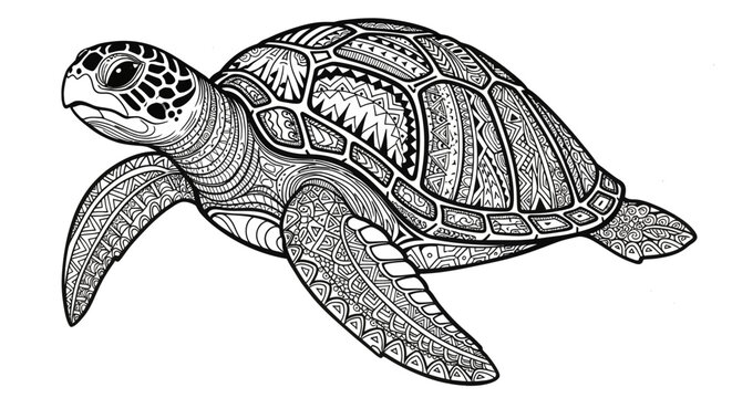 Turtle with intricate patterns on shell and body swimming left