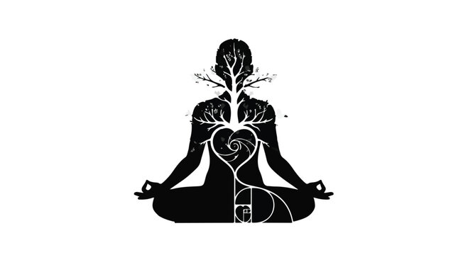 Meditation silhouette features a human figure in a calm pose with nature symbols.