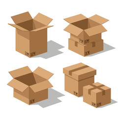 Fototapeta premium Isometric illustration of various brown cardboard shipping boxes, both open and closed, with shadows.