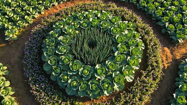 Cabbage patch with green plants with overhead view.