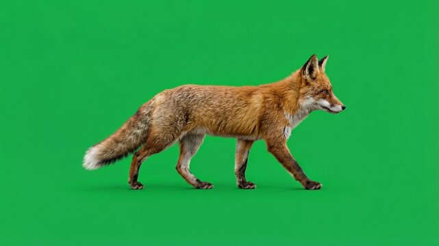 A Red Fox Walking Across a Solid Green Screen Background for Chroma Key Compositing in Post Production Projects